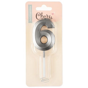 Свеча Цифра, 6 Грани, на шпажке, Мокрый асфальт, Металлик, 3,5*6,5 + 3,5 см, 1 шт. с держат.