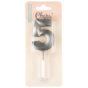 Свеча Цифра, 5 Грани, на шпажке, Мокрый асфальт, Металлик, 3,5*6,5 + 3,5 см, 1 шт. с держат.